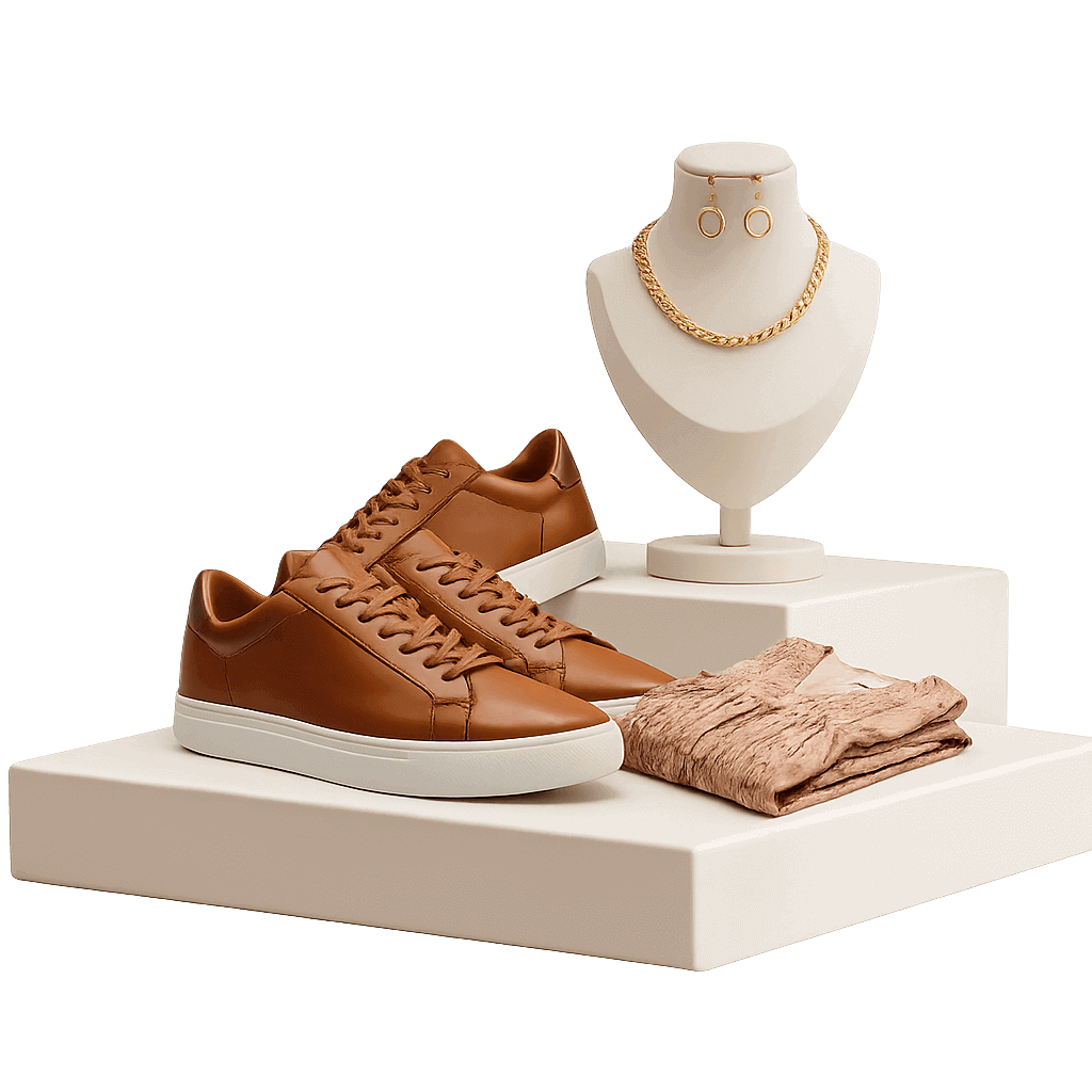 Product display with shoes, jewellery, and folded clothing